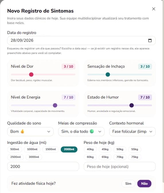 Tela Novo Registro de Sintomas do LipeGuide: data do registro, escalas de dor, inchaço, energia e humor, sono, meias de compressão, contexto hormonal e água.
